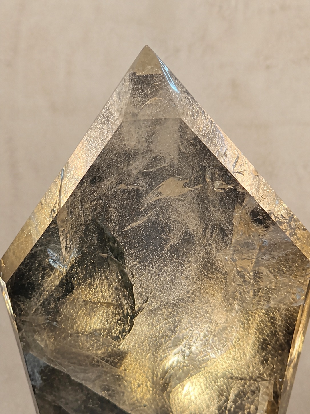 Close detail of the broad smoky quartz shield surface